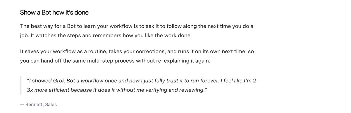 Screenshot of the xAI launch page showing a customer quote: I showed Grok Bot a workflow once and now I just fully trust it to run forever. I feel like I am 2-3x more efficient because it does it without me verifying and reviewing.