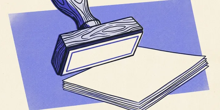 Risograph print of an approval stamp over blank paperwork