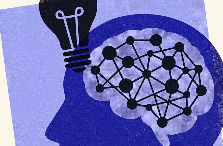 Risograph print of a head in profile with a connected-node brain