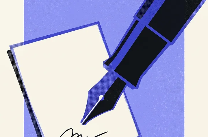 Risograph print of a fountain pen signing a page