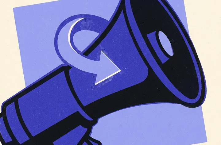 Risograph print of a megaphone with a return arrow